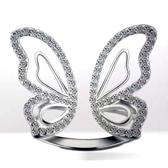 Crystal Open Butterfly Ring – Silver Plated Adjustable Cocktail Statement Ring - Picture 1 of 5
